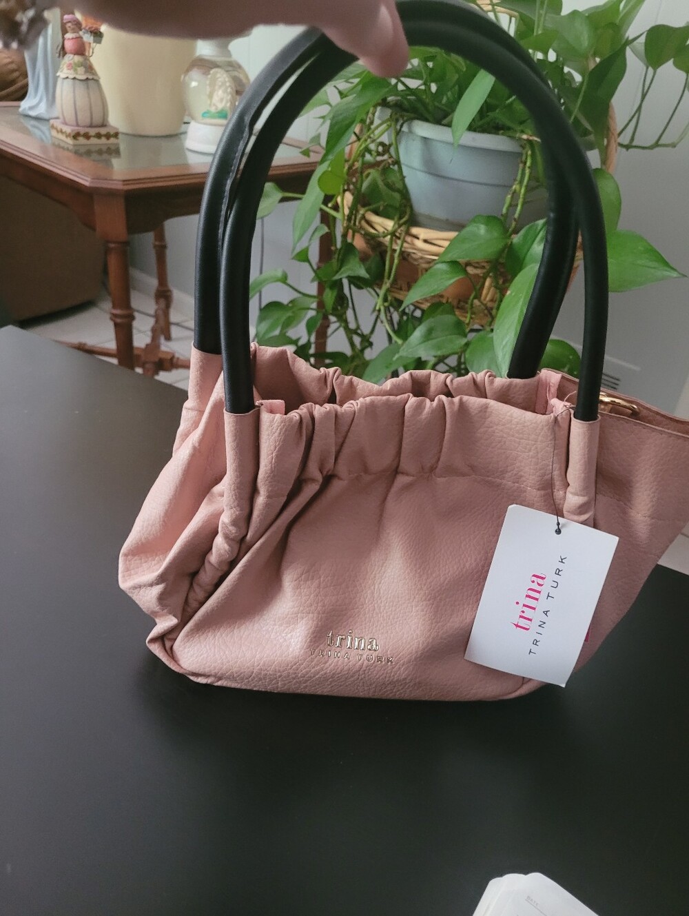 Trina Turk Dusty Pink Ruched Shoulder Bag with Black Handles